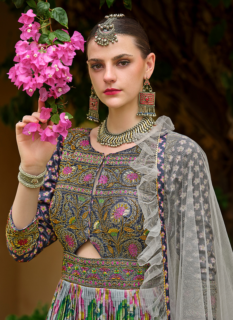 Beige & Pink Silk Foil Printed & Embroidered Traditional Gown